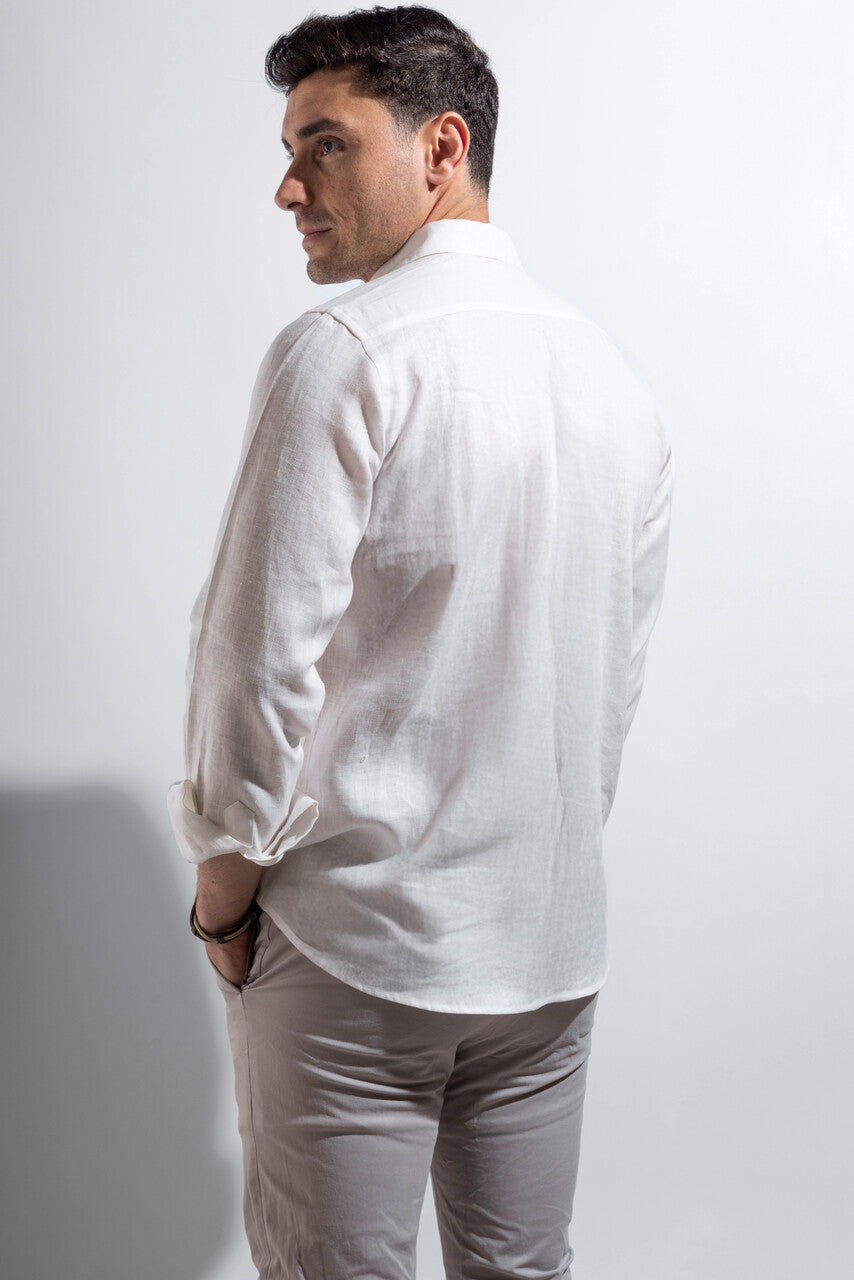 100% linen white shirt with pink embroidery.