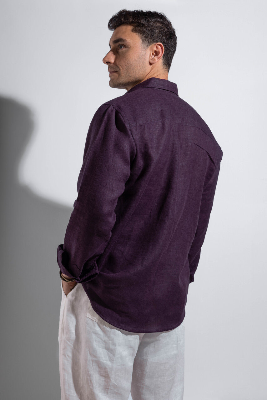 linen burgundy shirt.