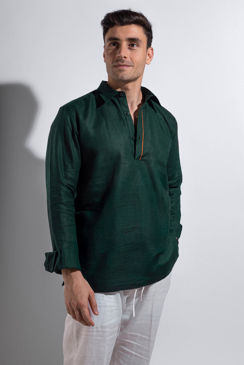 linen olive green shirt with orange accents.