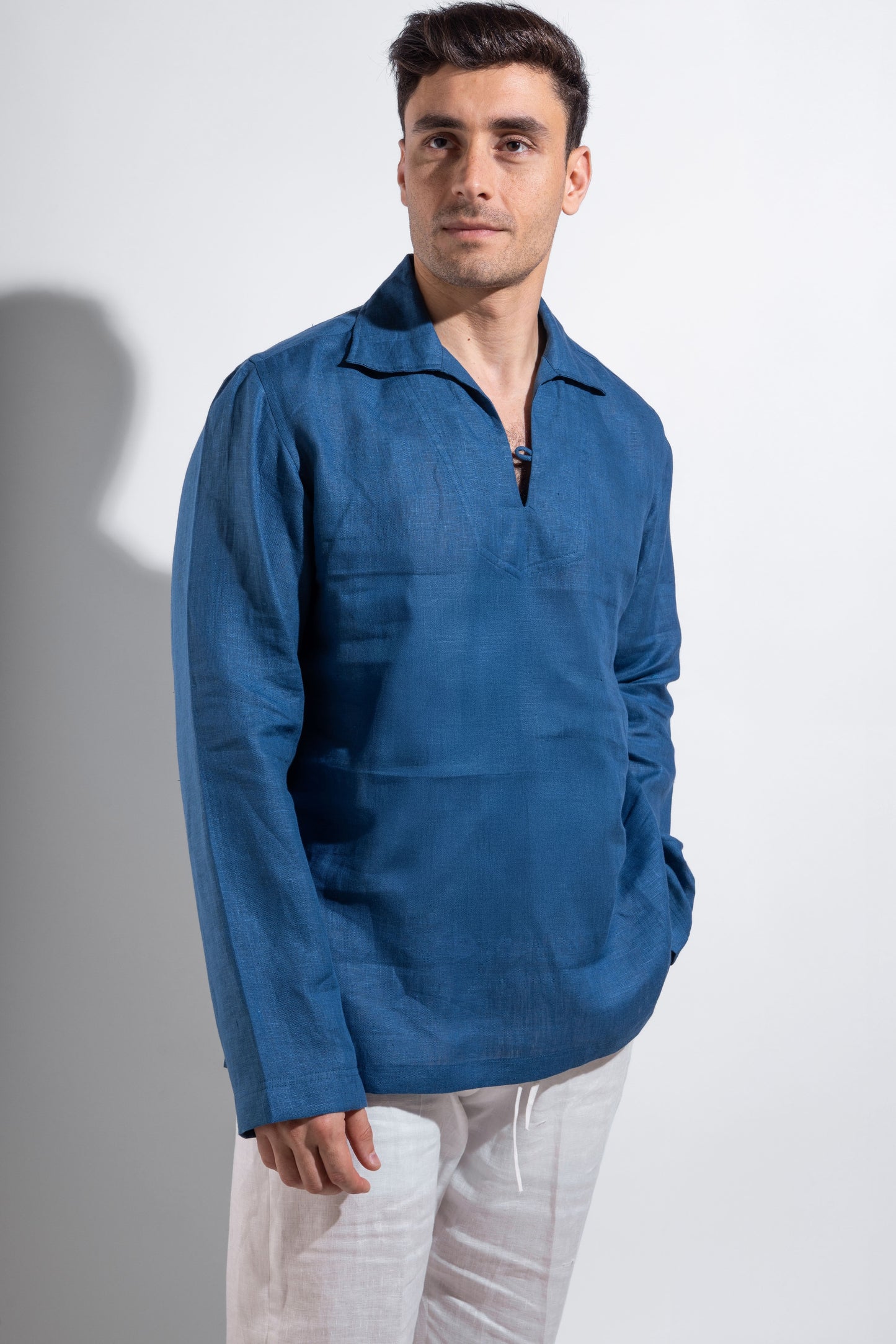 linen blue shirt.