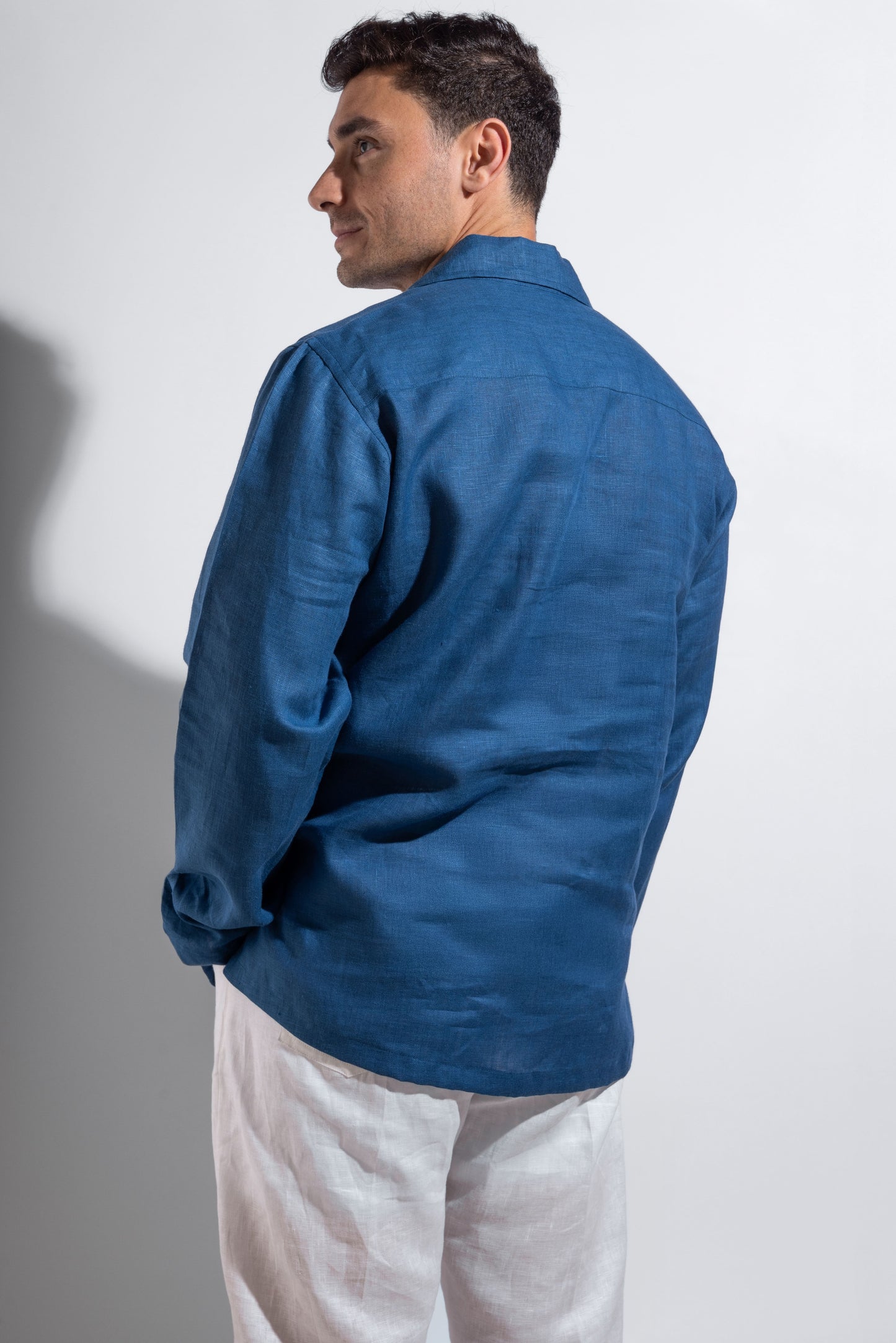 linen blue shirt.