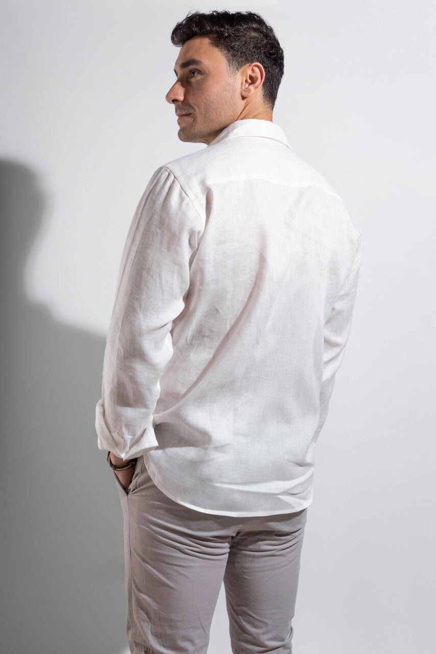 100% linen white shirt with blue embroidery.