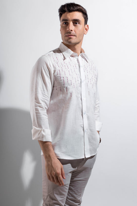 100% linen white shirt with pink embroidery.