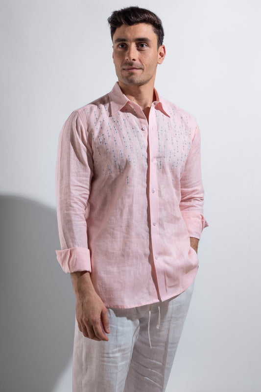100% linen pink shirt with white embroidery.