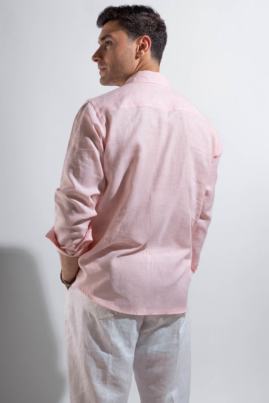 100% linen pink shirt with white embroidery.