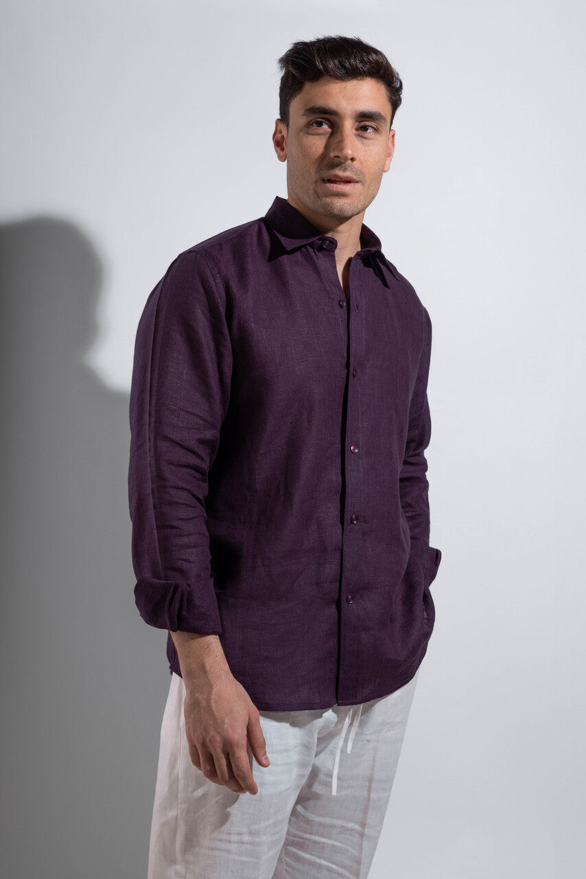 linen burgundy shirt.