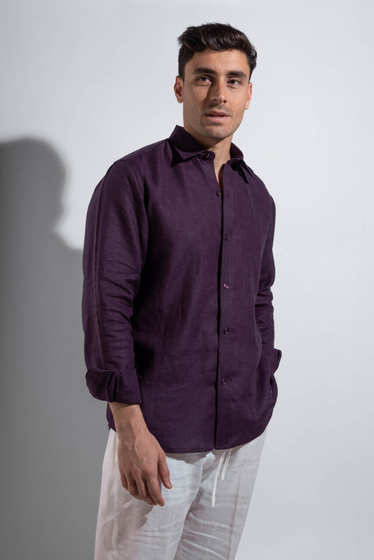 linen burgundy shirt.