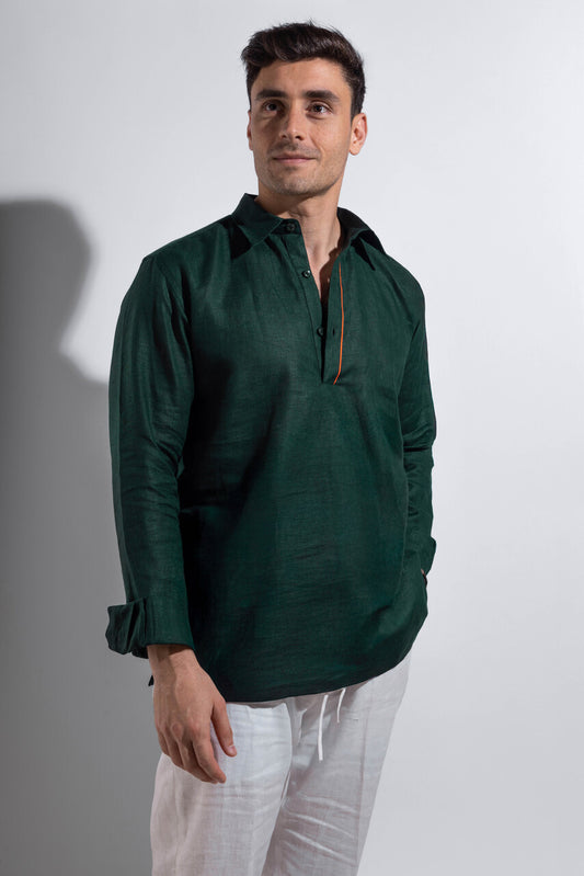 linen olive green shirt with orange accents.
