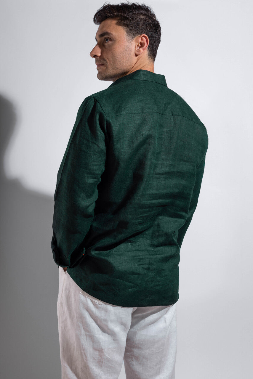 linen olive green shirt with orange accents.