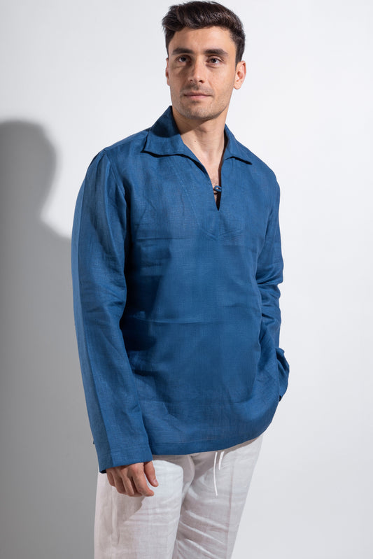 linen blue shirt.